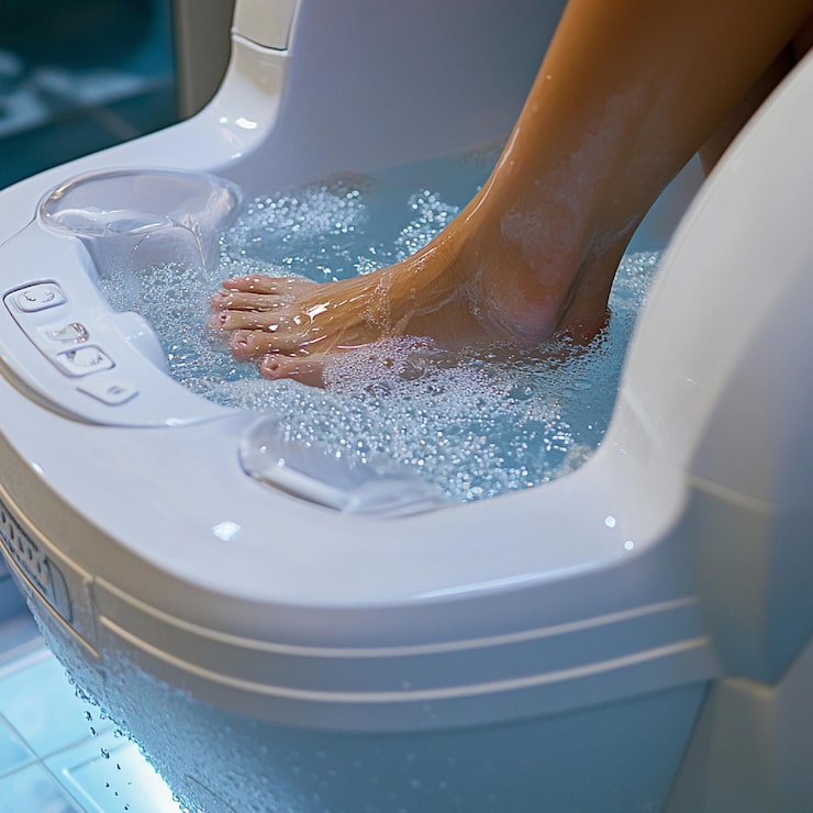 Editorial-style image showing close-up of the ionic foot detox device and basin with subtle bubbles rising from the ion-array — clean modern medical aesthetic with sage and warm cream accents, scientific feel