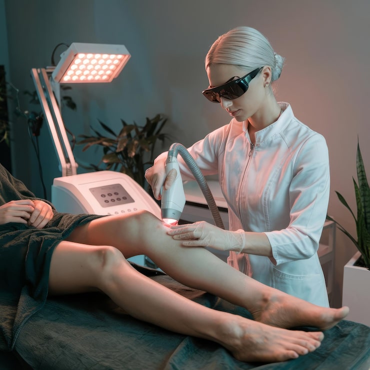 Editorial-style cross-section illustration or photo demonstrating HIFEM electromagnetic energy + radiofrequency heat working on muscle fibers and fat cells — clean modern medical aesthetic with sage and warm cream accents