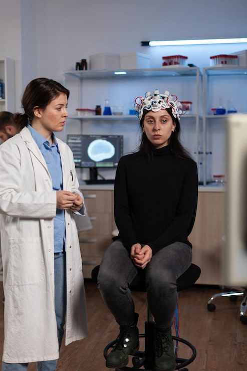 Professional photograph of a patient comfortably seated wearing the ExoMind transcranial magnetic stimulation headset device — modern minimalist clinical environment with soft sage tones and warm natural lighting