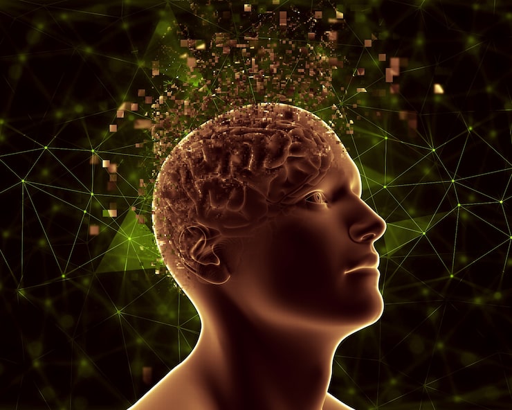 Editorial-style image showing a neural network or human brain visualization with soft glowing pathways representing healthy brain activity — clean modern aesthetic with sage and warm cream tones