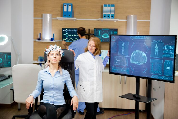 Photograph of a patient relaxed in a reclining treatment chair during an ExoMind TMS session — wearing the headset, calm expression, soft warm lighting and natural decor in the background