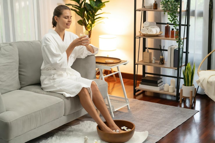 Photograph of an ionic foot detox basin with feet immersed in clear water — clean clinical aesthetic with wooden floor accents and warm sage tones