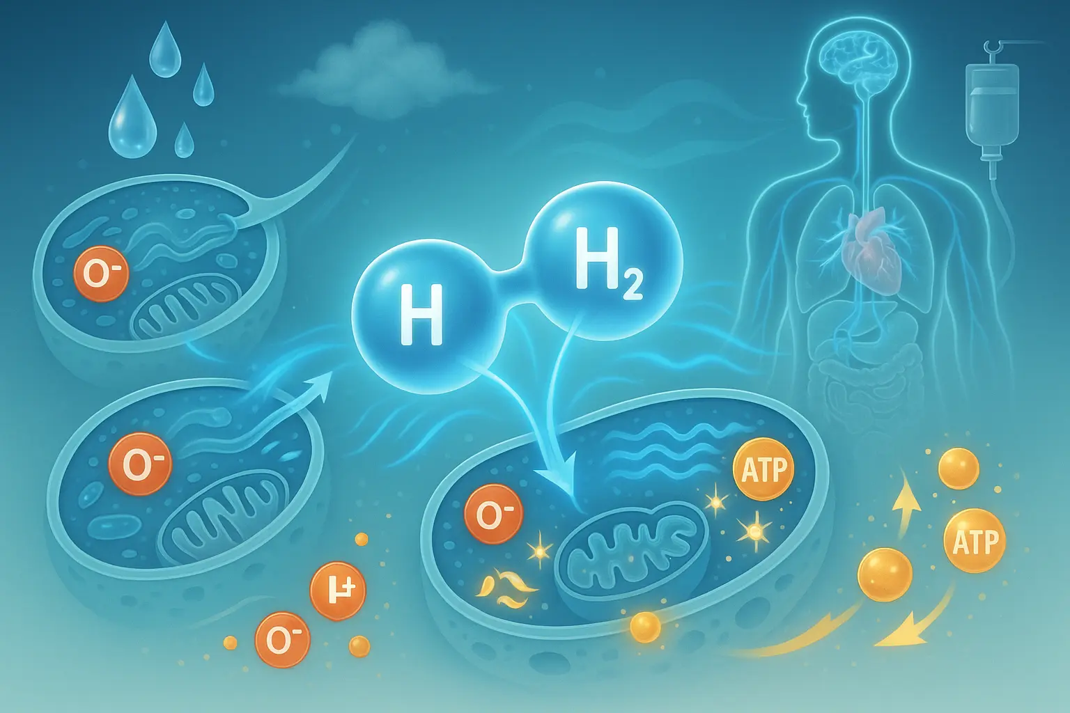 Editorial-style illustration showing hydrogen molecules (H₂) penetrating a cell to neutralize harmful free radicals — clean modern medical aesthetic with sage and warm cream accents, soft glowing depiction of the antioxidant process