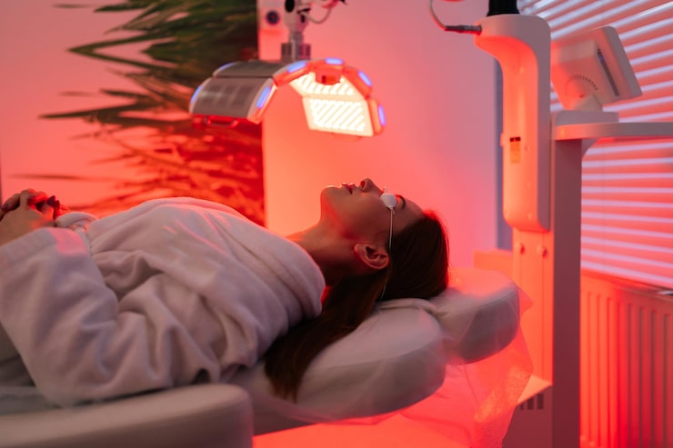 Photograph of a patient relaxing on a treatment table with a red light laser device positioned over their lower back or knee — warm red glow illuminating the treatment area, calm sage-toned room with soft natural lighting