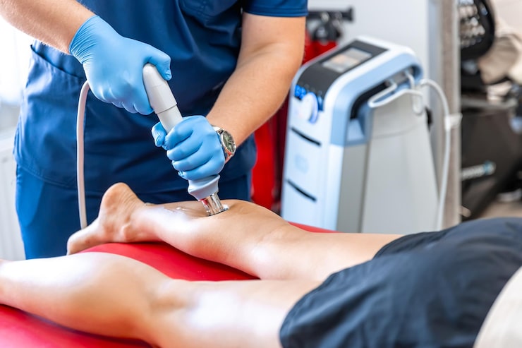 Photograph of red light laser therapy being applied to a patient's joint or muscle — warm red glow on the treatment area, calm clinical setting with sage tones