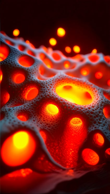 Editorial-style illustration or photo showing cells absorbing red/near-infrared light photons — soft glowing depiction of mitochondrial activation, clean modern medical aesthetic with sage and warm cream accents