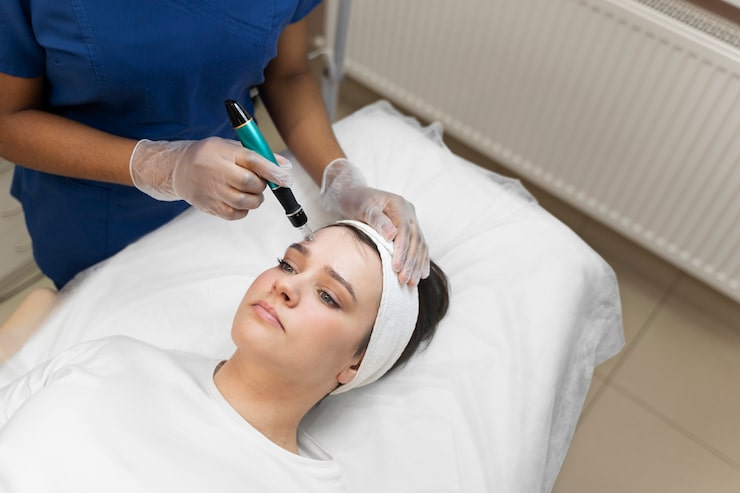 Close-up photograph of microneedling treatment being performed on a patient's face by gloved hands — softly lit treatment room with sage and warm cream tones