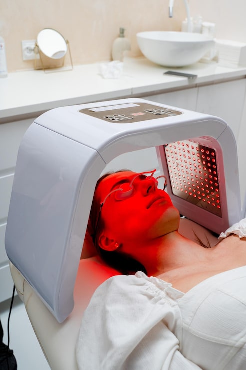 Professional photograph of a patient relaxing fully clothed on a Migun thermal therapy bed with internal jade-infrared rollers traveling along the spine — warm ambient lighting, sage-toned linens, calm spa-like atmosphere