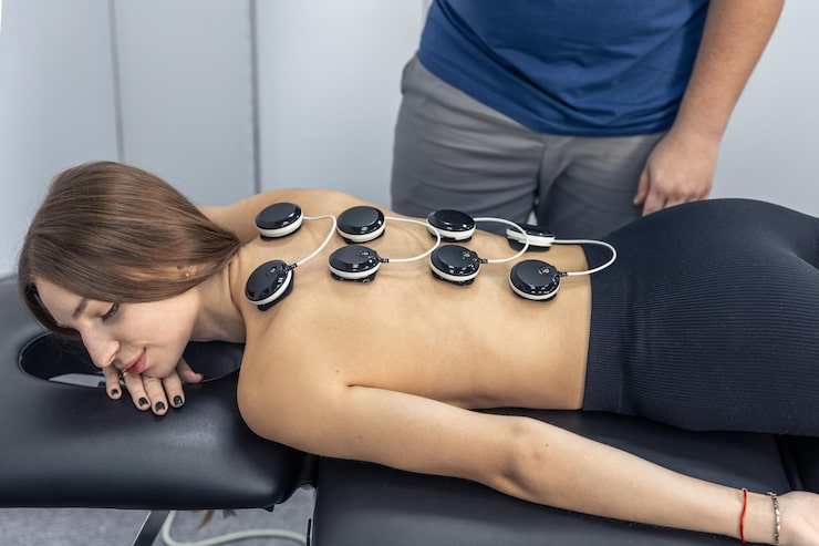 Editorial-style illustration or close-up photo showing internal mechanics of the Migun bed — jade stone rollers, far-infrared heat radiating into spinal tissue, meridian pathways overlay — clean medical aesthetic with sage and warm cream tones