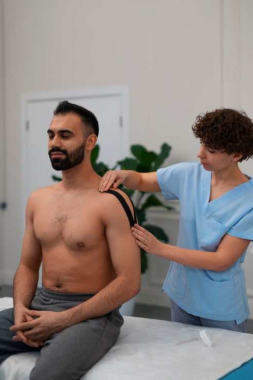 Professional photograph of a practitioner's hands performing precise muscle release work on a patient's shoulder or upper back — focused therapy in a calm clinical setting with sage and warm cream tones